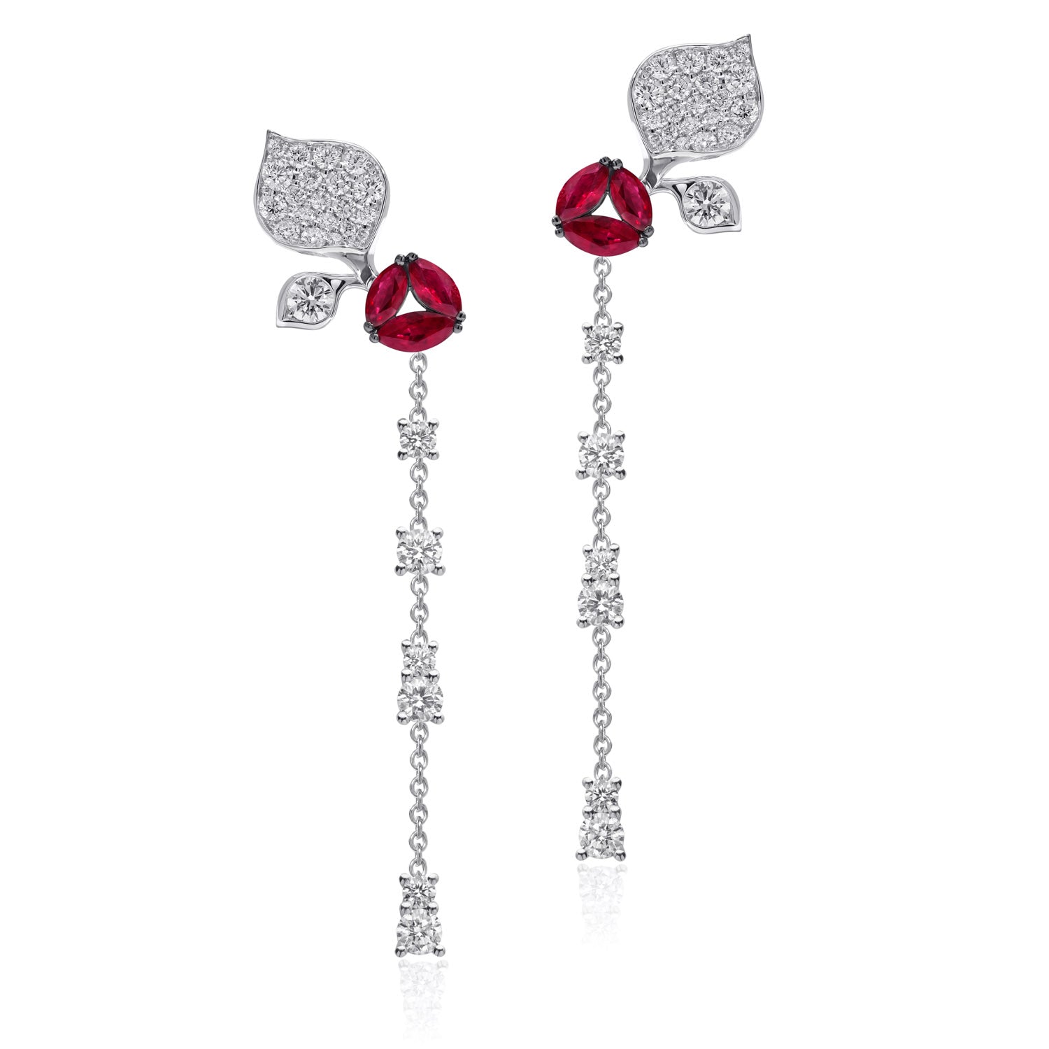 À FLEUR DE PARIS long Ruby Leaf Earrings